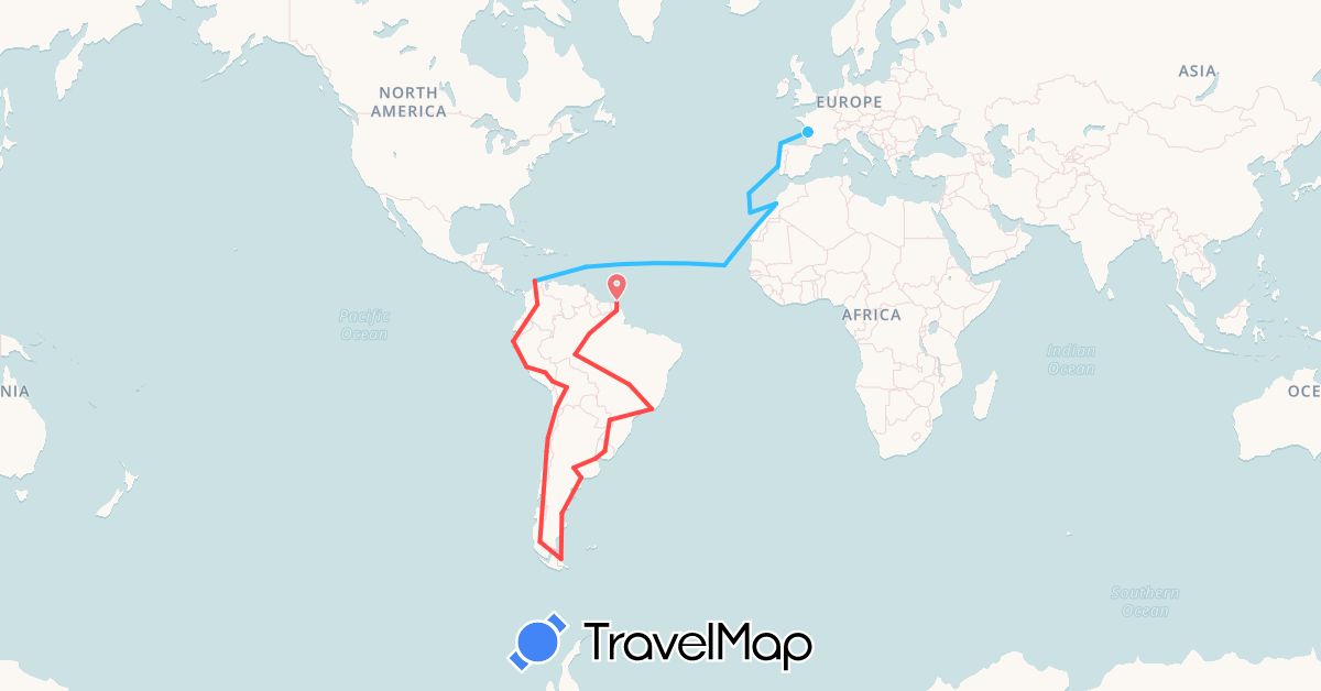 TravelMap itinerary: hiking, boat in Argentina, Bolivia, Brazil, Chile, Colombia, Cape Verde, Spain, France, French Guiana, Morocco, Martinique, Peru, Portugal, Uruguay (Africa, Europe, North America, South America)